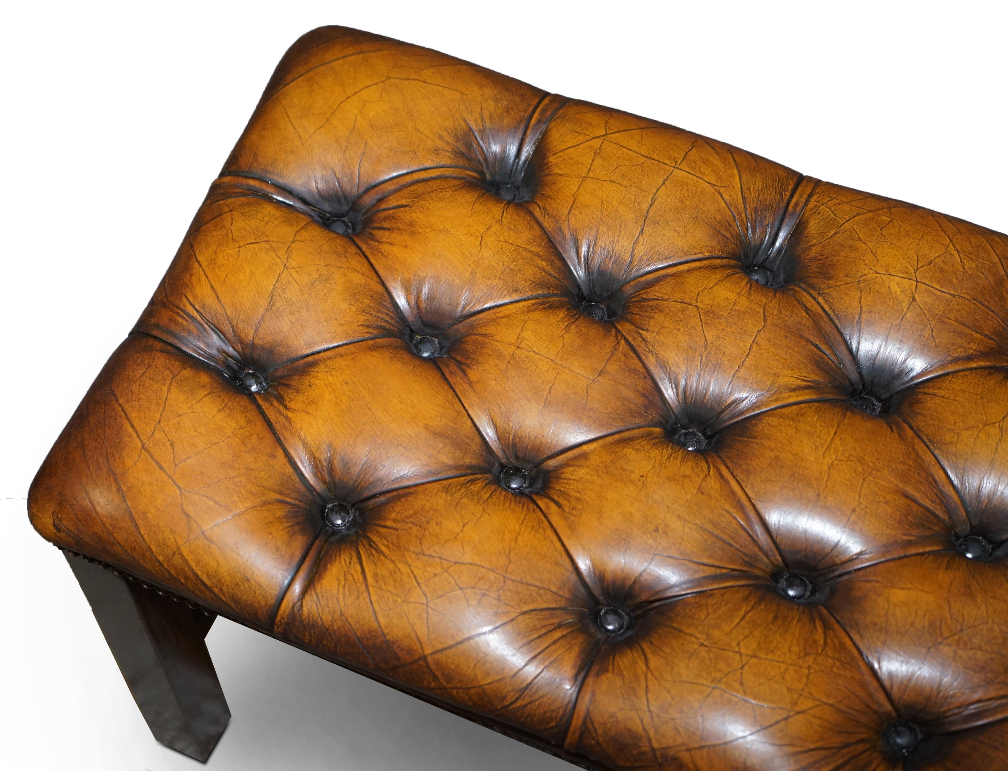 Restored Chesterfield Hardwood Framed Cigar Brown Leather Piano Bench Stool In Good Condition In West Sussex, Pulborough