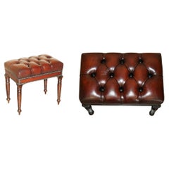 RESTORED CHESTERFIELD PIANO BENCH DRESSiNG TABLE HAND DYED BROWN LEATHER STOOL