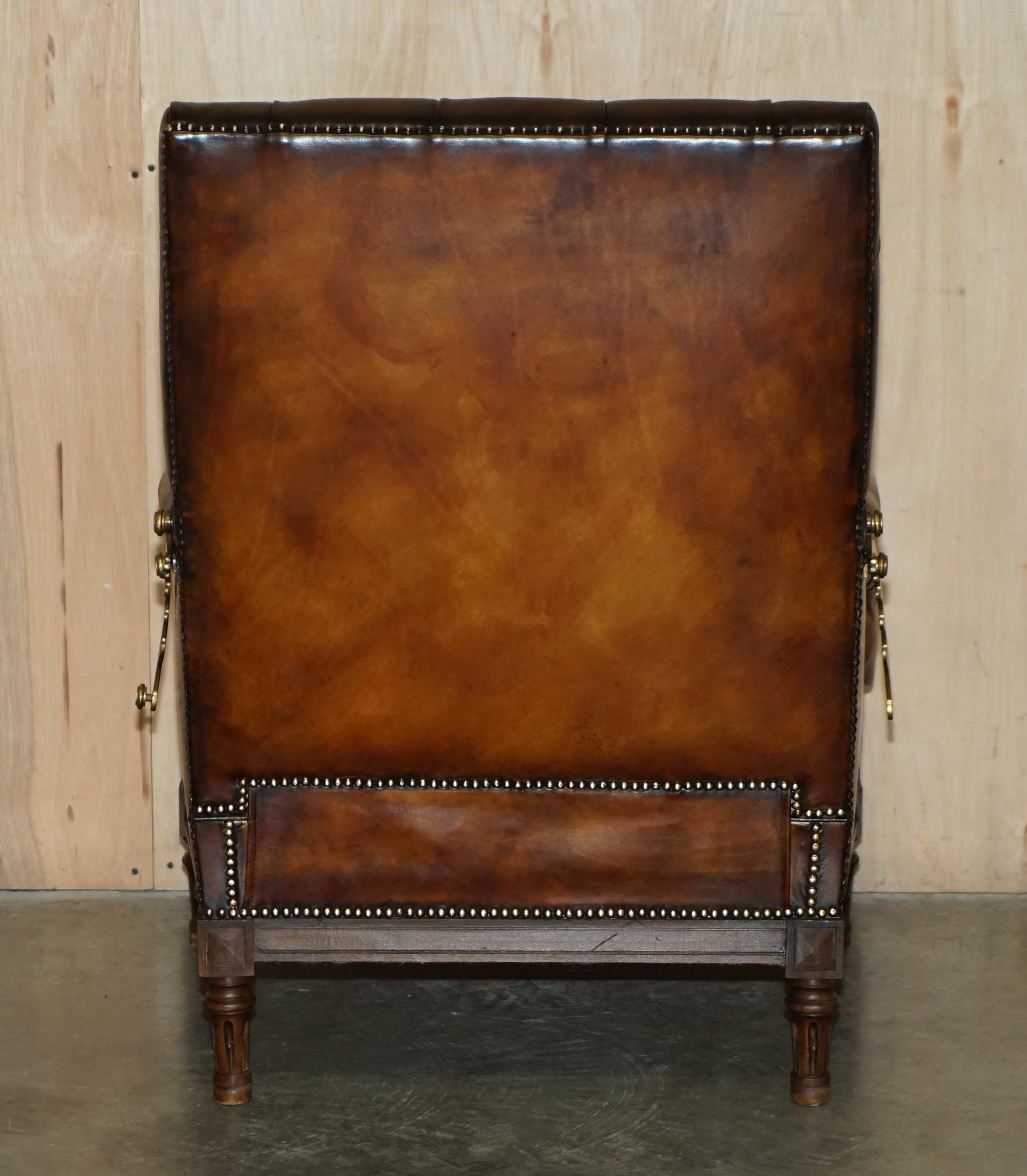 RESTORED CHESTERFIELD TUFTED HAND DYED BROWN LEATHER LIBRARY RECLINER ARMCHAiR For Sale 7