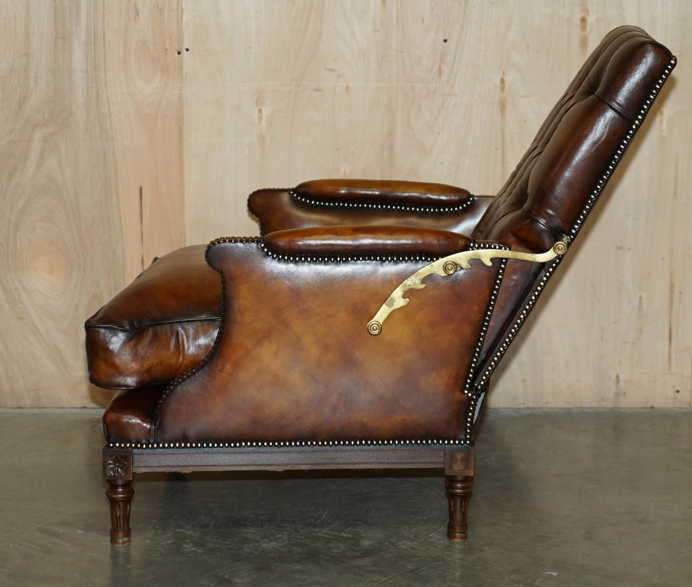 RESTORED CHESTERFIELD TUFTED HAND DYED BROWN LEATHER LIBRARY RECLINER ARMCHAiR For Sale 10