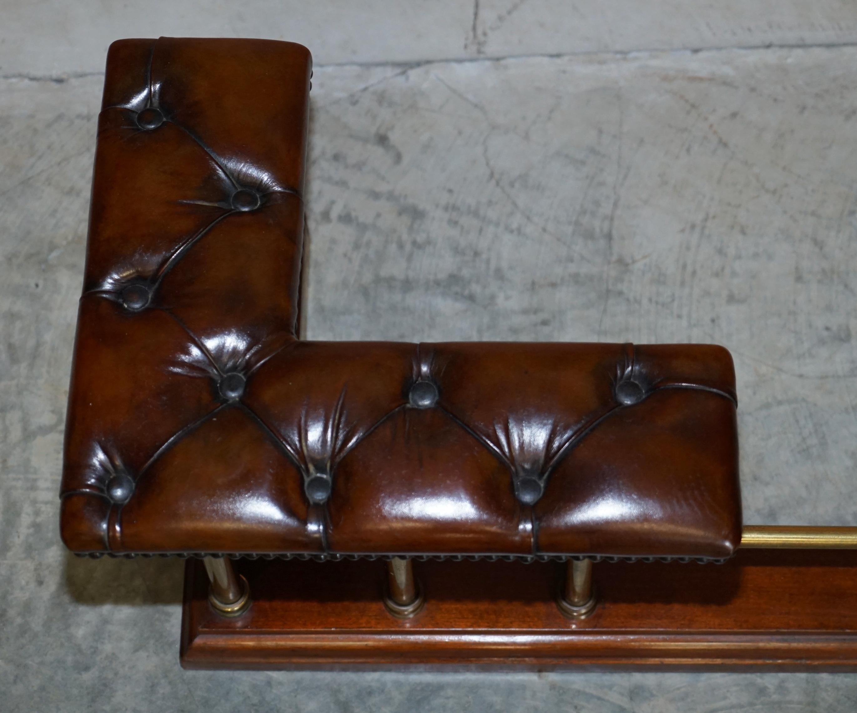 19th Century Restored Chesterfield Victorian Brass Brown Leather Fireplace Club Fender