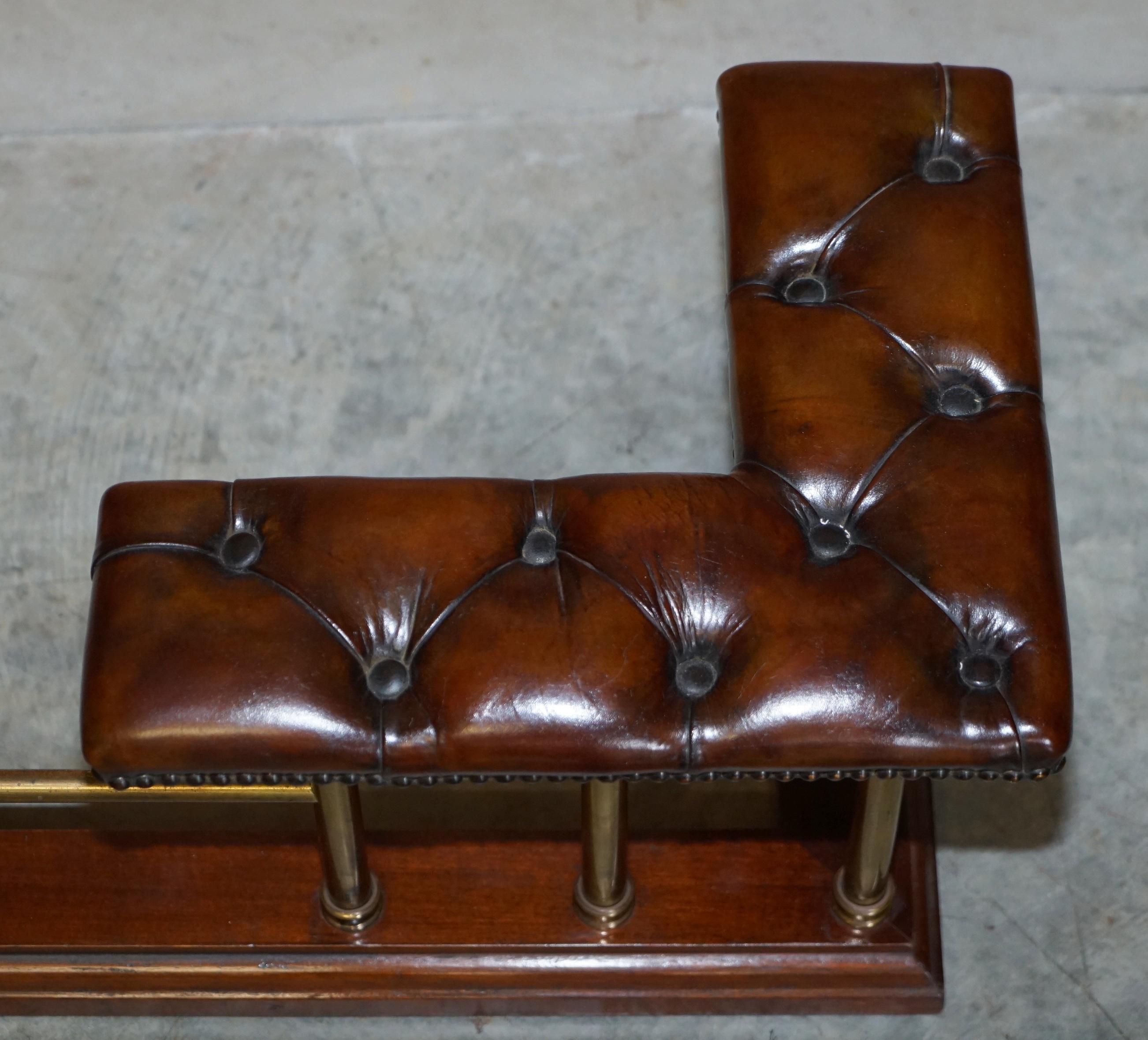 Restored Chesterfield Victorian Brass Brown Leather Fireplace Club Fender 2