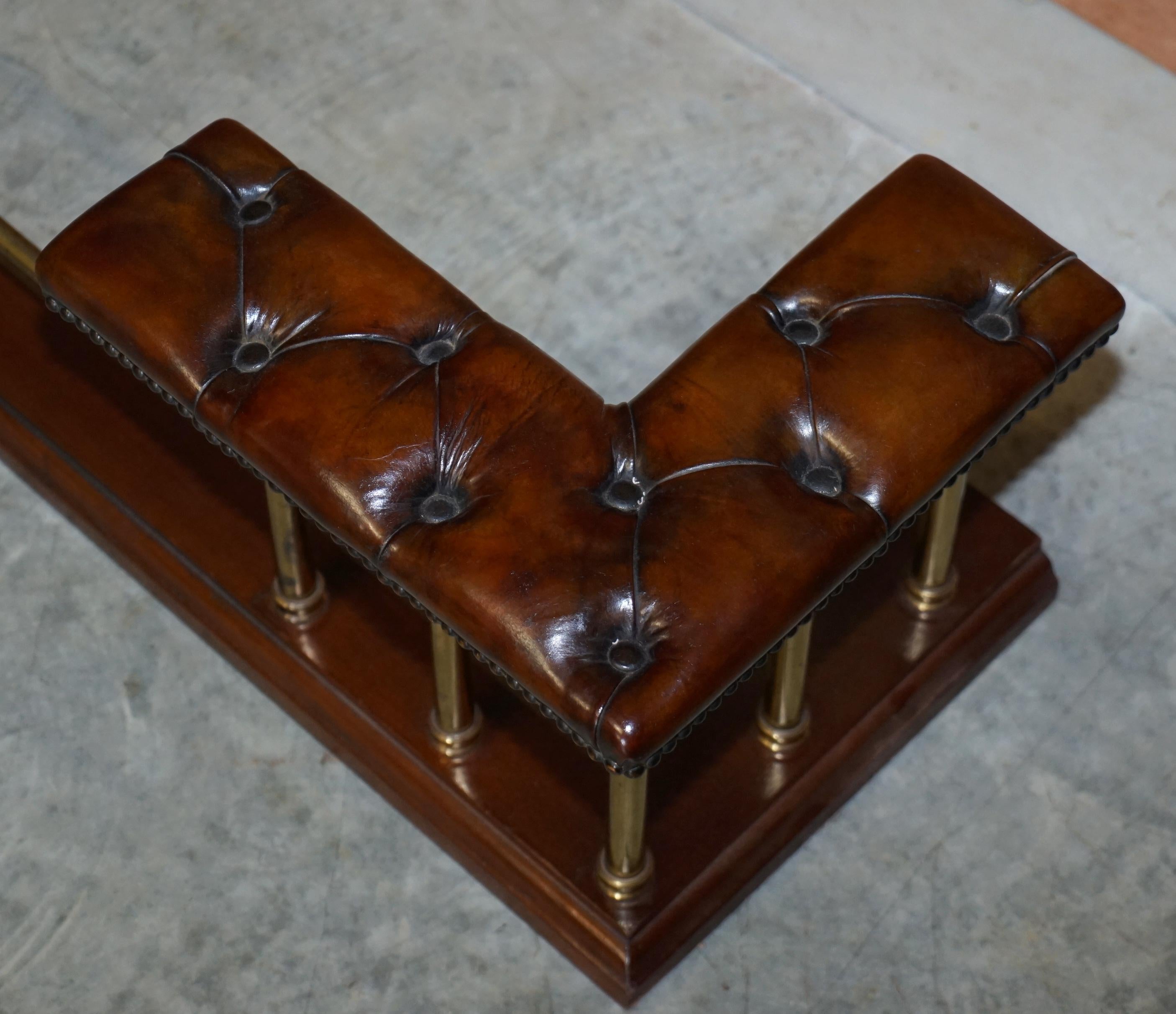 Restored Chesterfield Victorian Brass Brown Leather Fireplace Club Fender 3