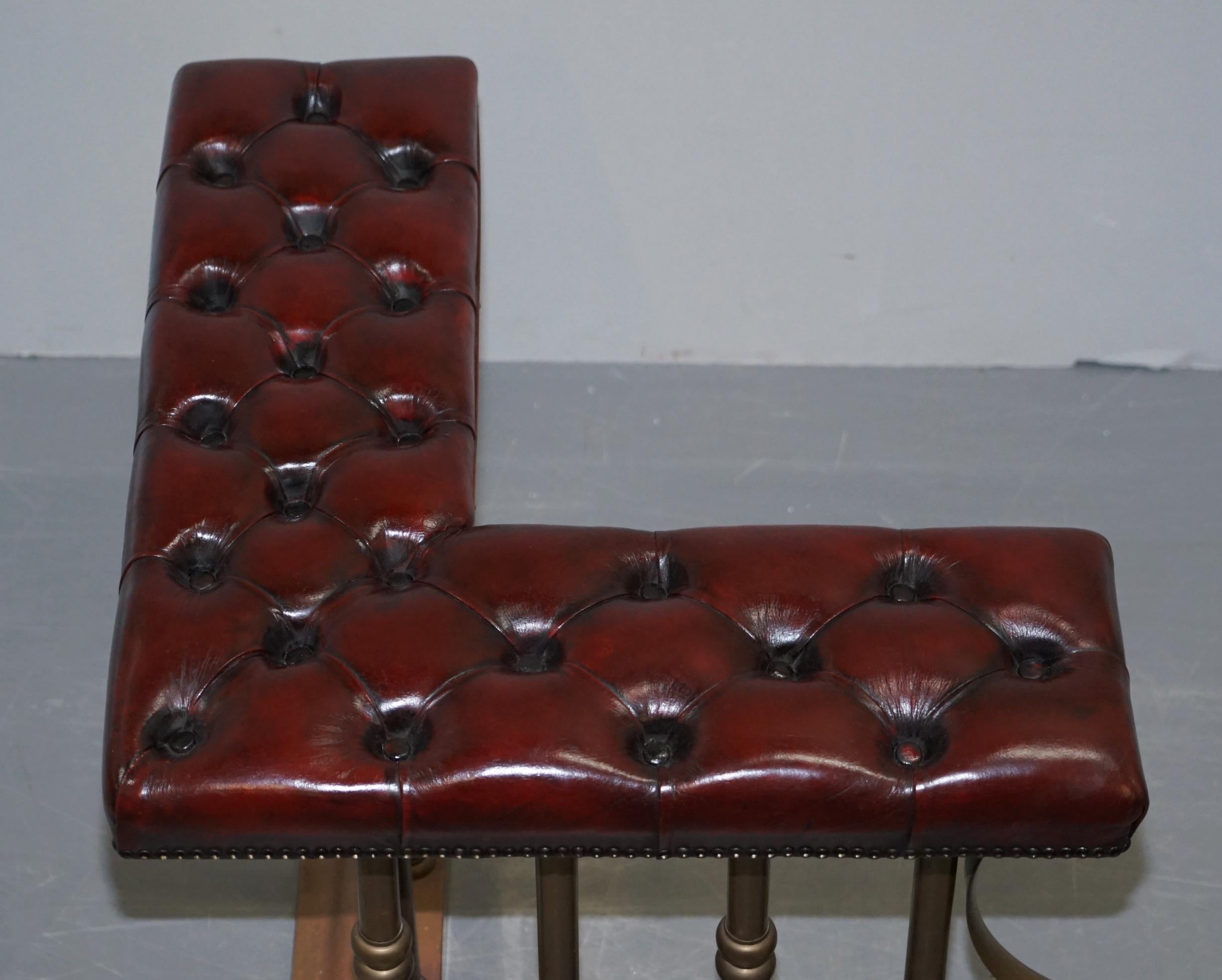 English Restored Chesterfield Victorian Brass Oxblood Leather Fireplace Club Fender