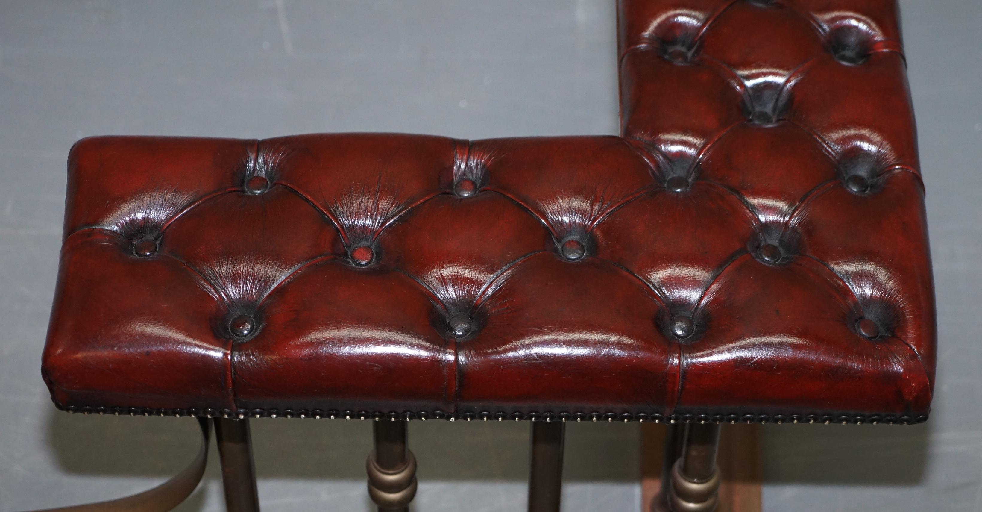 Restored Chesterfield Victorian Brass Oxblood Leather Fireplace Club Fender 1