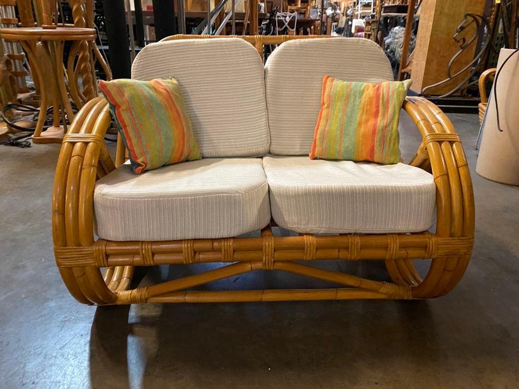 Restored Child Size 3-Strand Round Full Pretzel Rattan Sofa & Lounge Chair For Sale 5