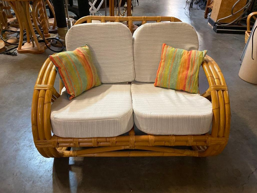 Restored Child Strand Round Full Pretzel Rattan Sofa & Lounge Chair For Sale 6