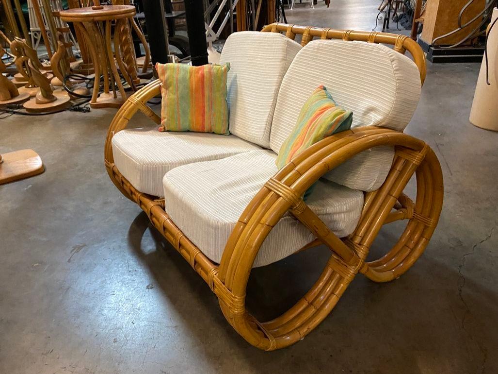 Restored Child Strand Round Full Pretzel Rattan Sofa & Lounge Chair For Sale 6