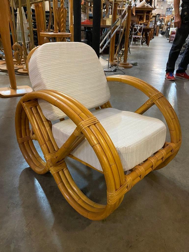 Restored Child Size 3-Strand Round Full Pretzel Rattan Sofa & Lounge Chair In Excellent Condition For Sale In Van Nuys, CA