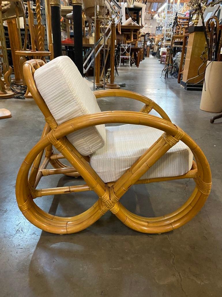 Restored Child Size 3-Strand Round Full Pretzel Rattan Sofa & Lounge Chair For Sale 3