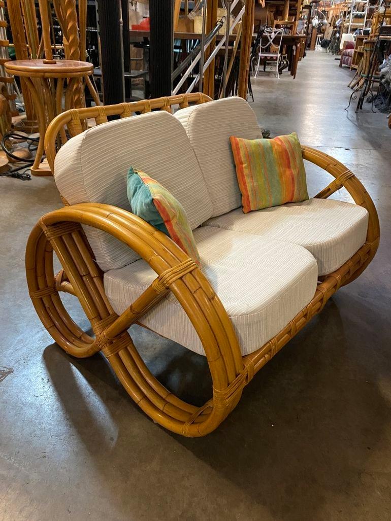 Restored Child Size 3-Strand Round Full Pretzel Rattan Sofa & Lounge Chair For Sale 4