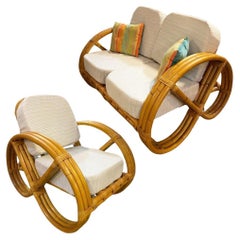 Restored Child Strand Round Full Pretzel Rattan Sofa & Lounge Chair