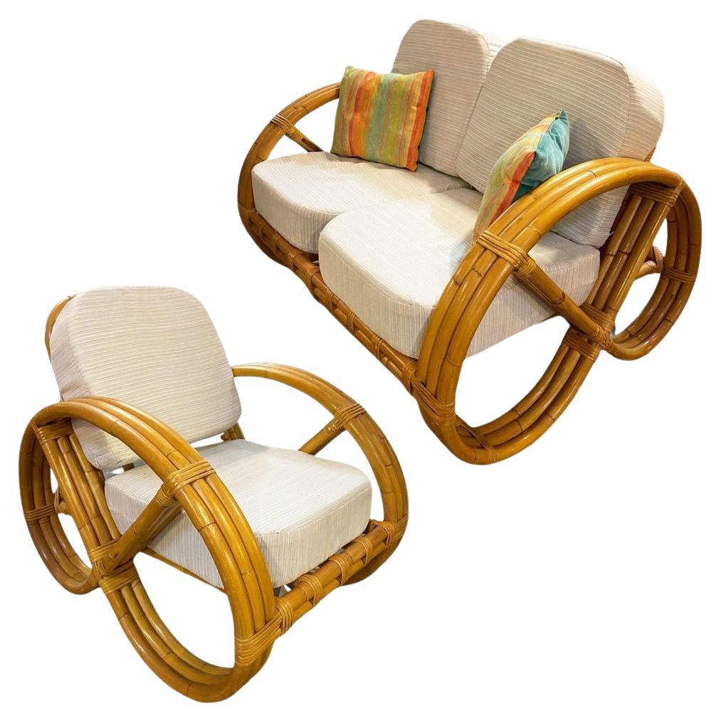 Restored Child Size 3-Strand Round Full Pretzel Rattan Sofa & Lounge Chair