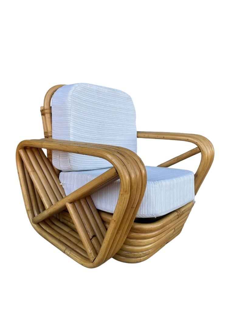 Rare pair of child-size four-strand square pretzel rattan lounge chairs featuring 4 pole square pretzel arms and stacked rattan bases. This set is modeled after the lounge chars made famous by Paul Frankl.
Set of two
circa 1950, USA
We only
