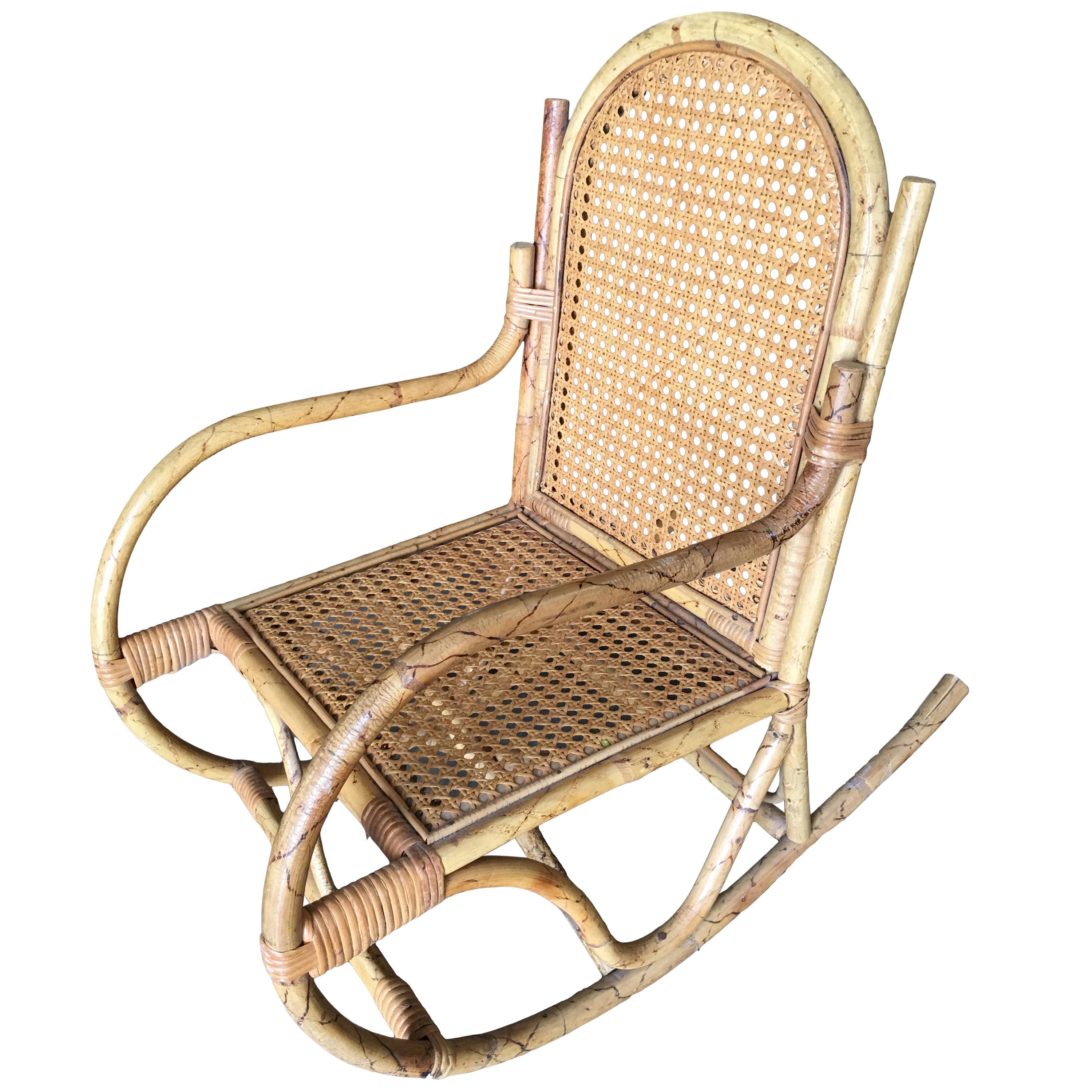 Child Size Rattan Rocking Chair with Wicker Woven Seat, Circa 1950