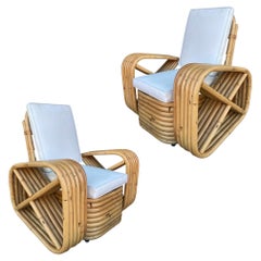 Restored Child Size Reverse Five-Strand Square Pretzel Rattan Lounge Chair, Pair