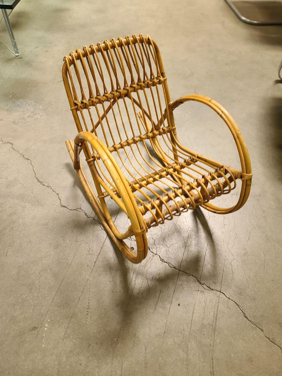 American Restored Childs Stick Rattan Rocking Chair in the Style of Franco Albini