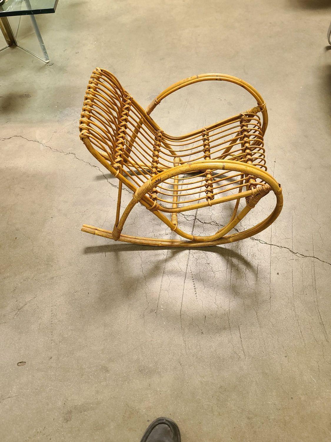 Restored Childs Stick Rattan Rocking Chair in the Style of Franco Albini 3