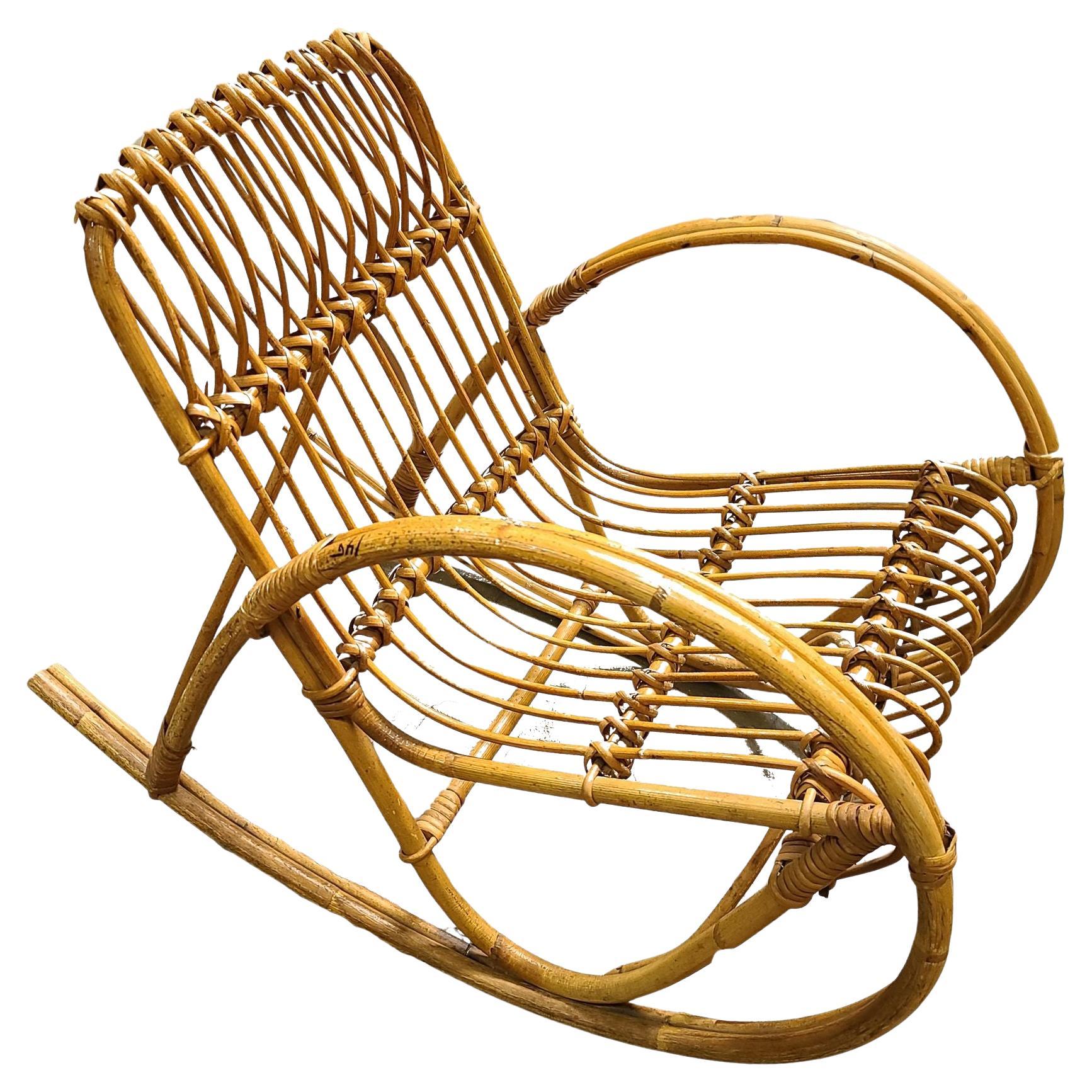 Restored Childs Stick Rattan Rocking Chair in the Style of Franco Albini
