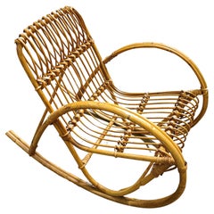 Retro Restored Childs Stick Rattan Rocking Chair in the Style of Franco Albini