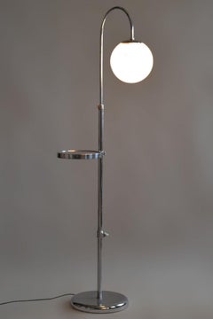 Restored Chrome Floor Lamp, Steel, Milk Glass, Adjustable Height, Czech, 1930s