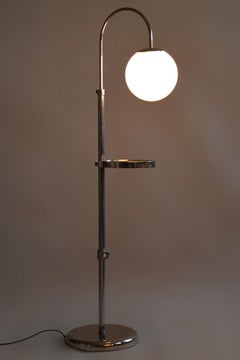 Restored Chrome Floor Lamp, Steel, Milk Glass, Adjustable Height, Czech, 1930s