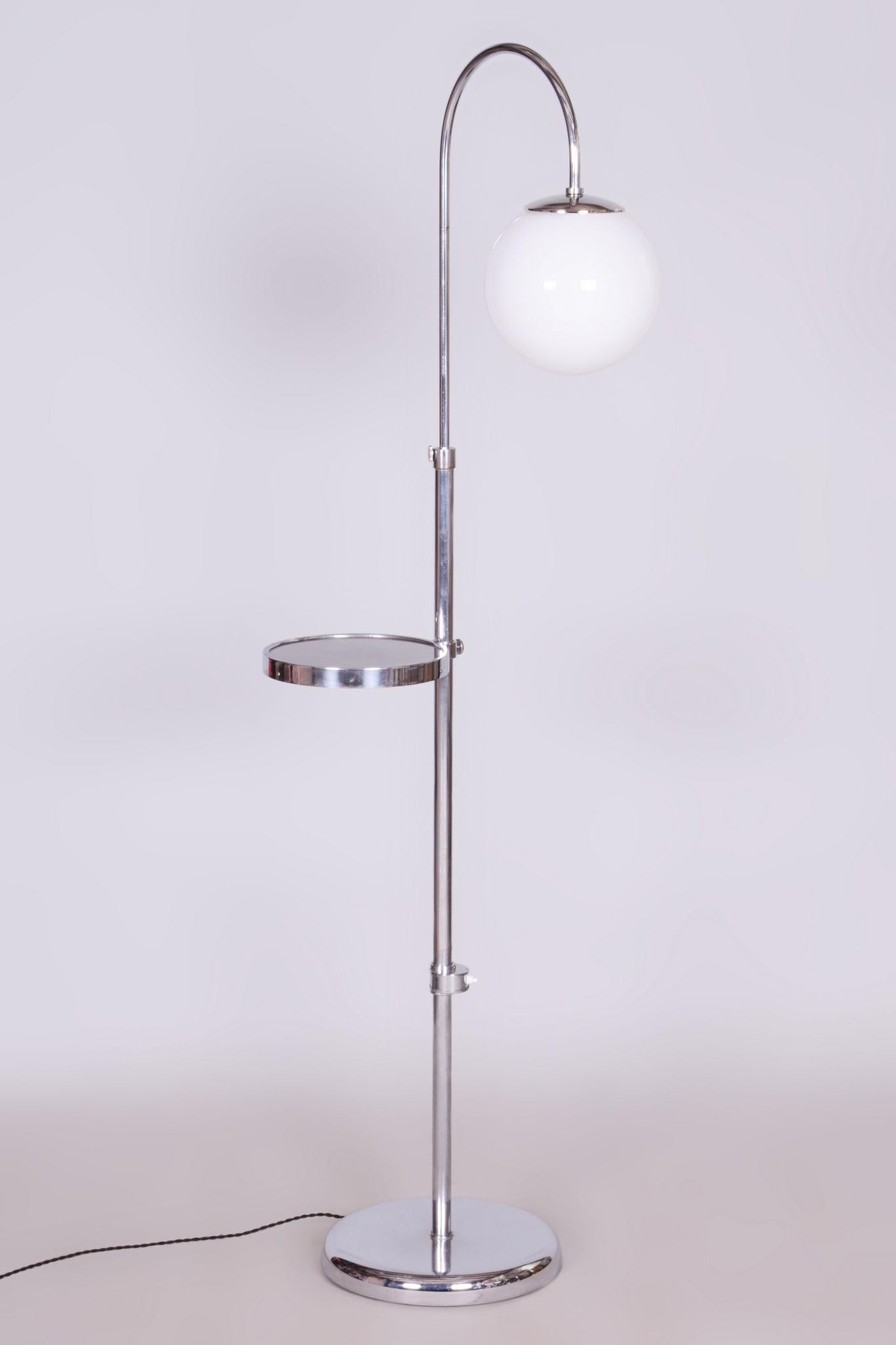 Bauhaus Restored Chrome Floor Lamp, Steel, Milk Glass, Adjustable Height, Czech, 1930s For Sale