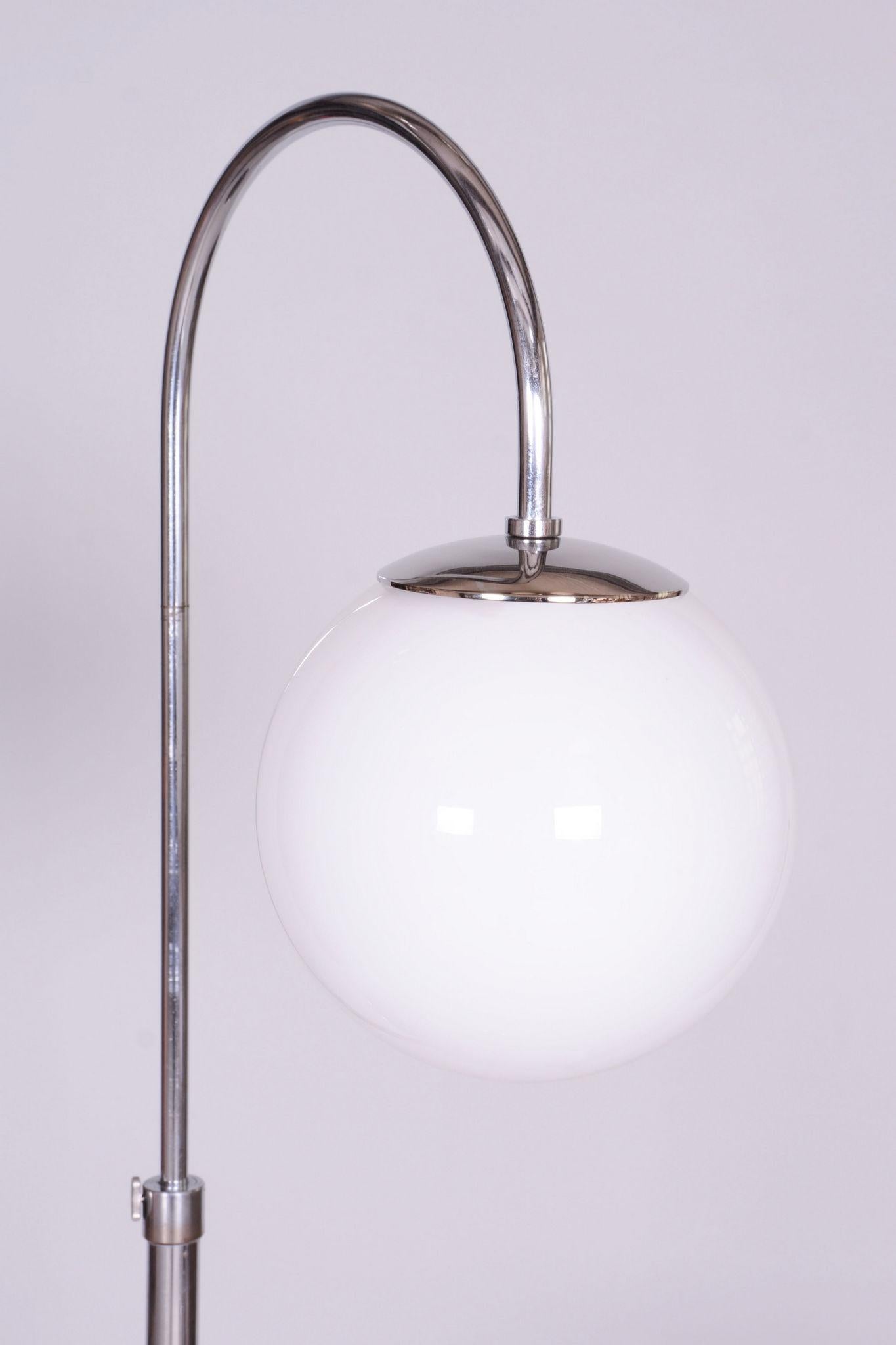20th Century Restored Chrome Floor Lamp, Steel, Milk Glass, Adjustable Height, Czech, 1930s For Sale