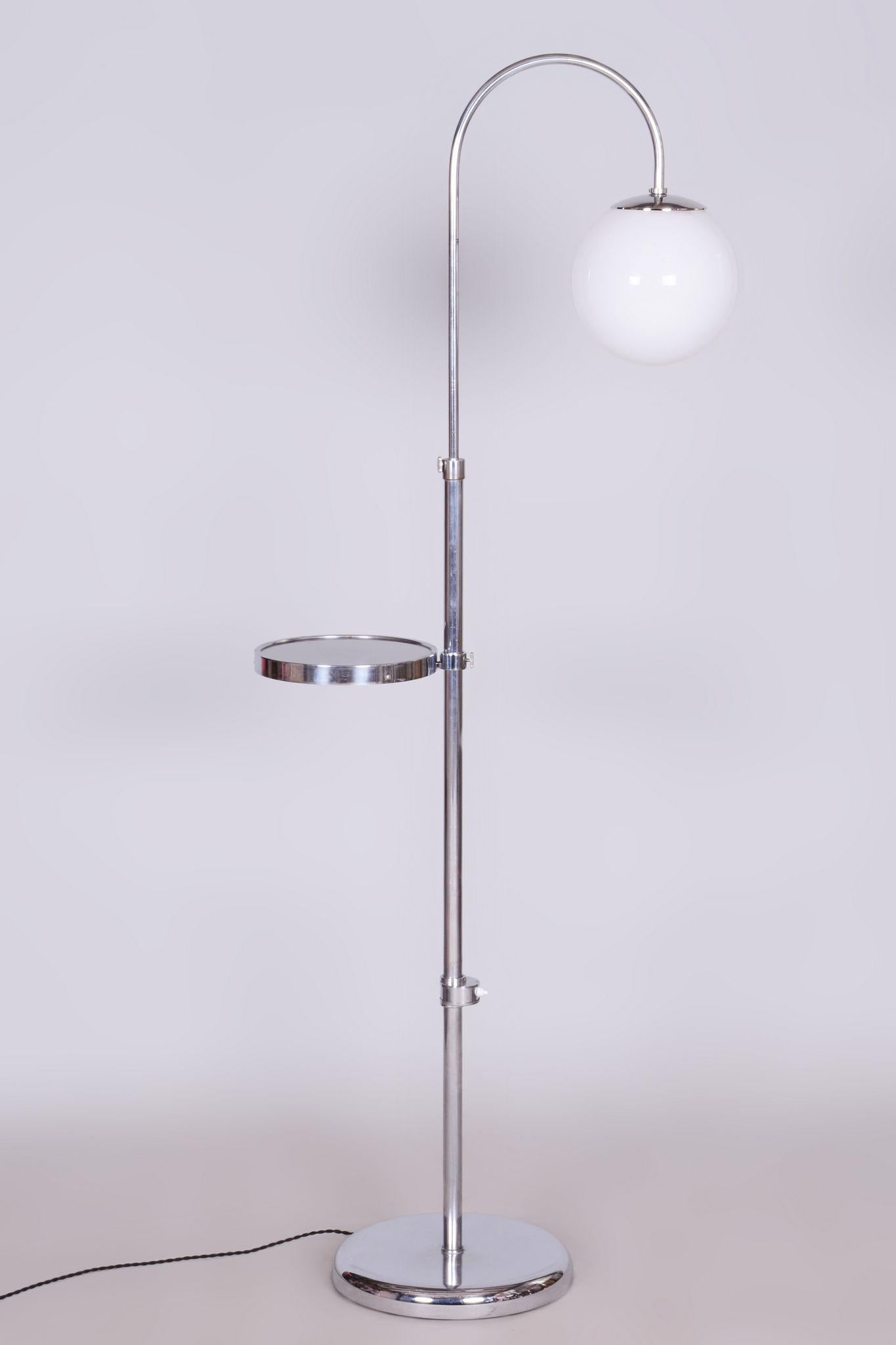Restored Chrome Floor Lamp, Steel, Milk Glass, Adjustable Height, Czech, 1930s For Sale 2