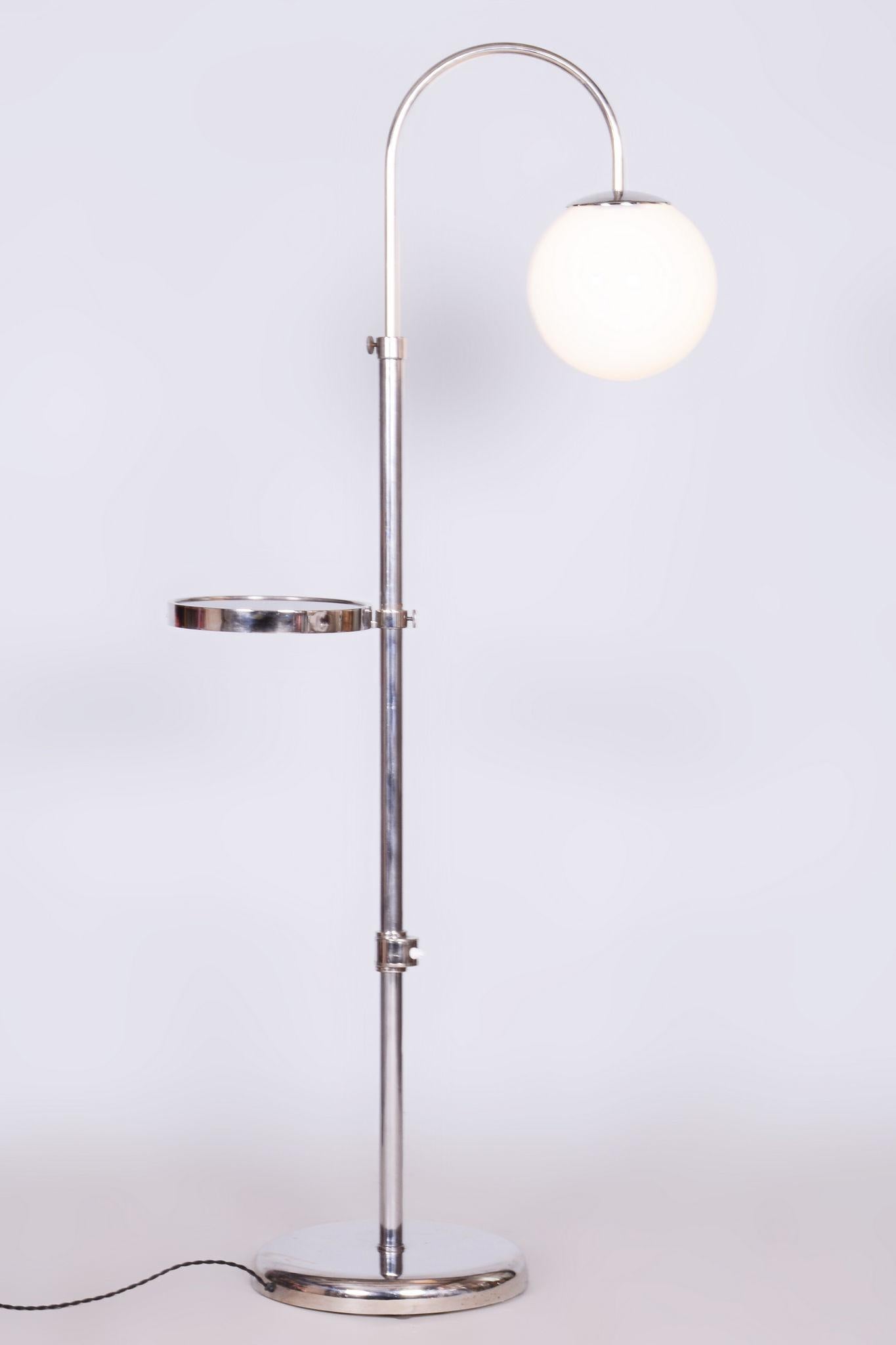 Restored Chrome Floor Lamp, Steel, Milk Glass, Adjustable Height, Czech, 1930s For Sale 4