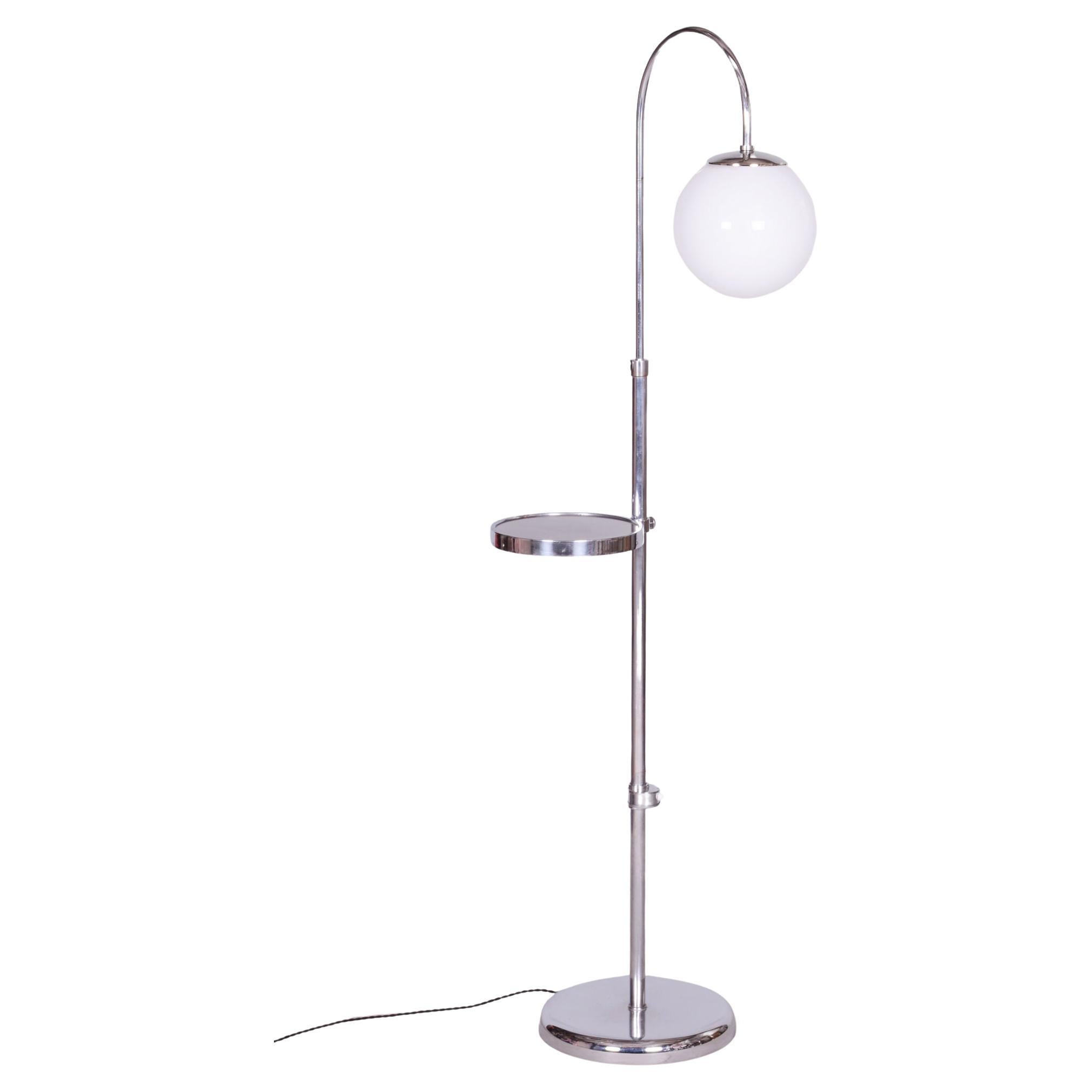 Restored Chrome Floor Lamp, Steel, Milk Glass, Adjustable Height, Czech, 1930s