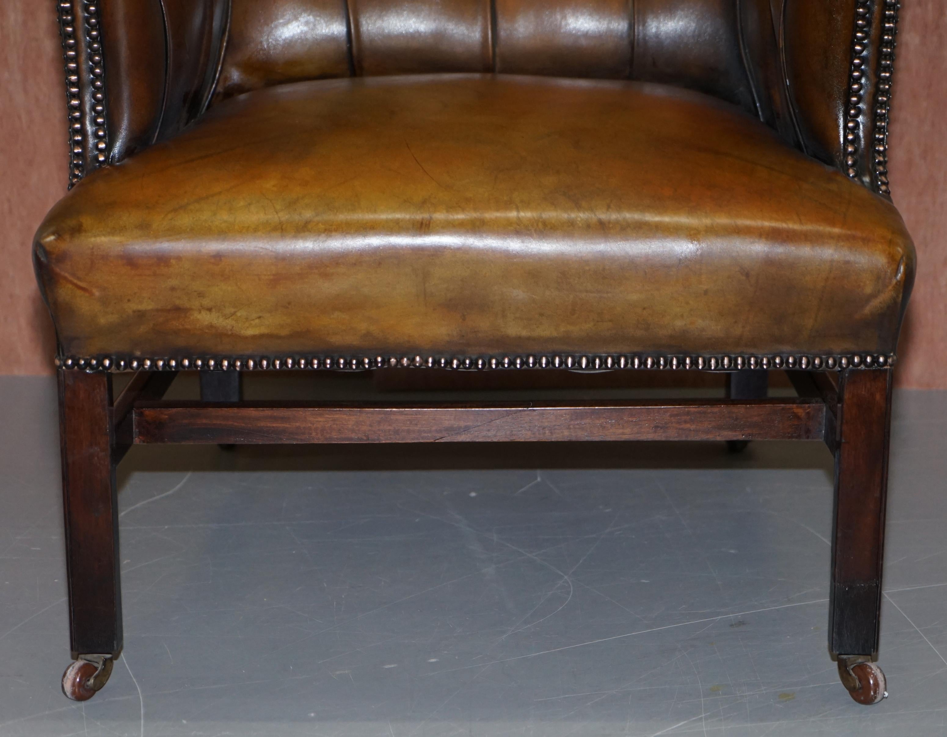 Restored Cigar Brown Leather Victorian Chesterfield Porters Wingback Armchair 4