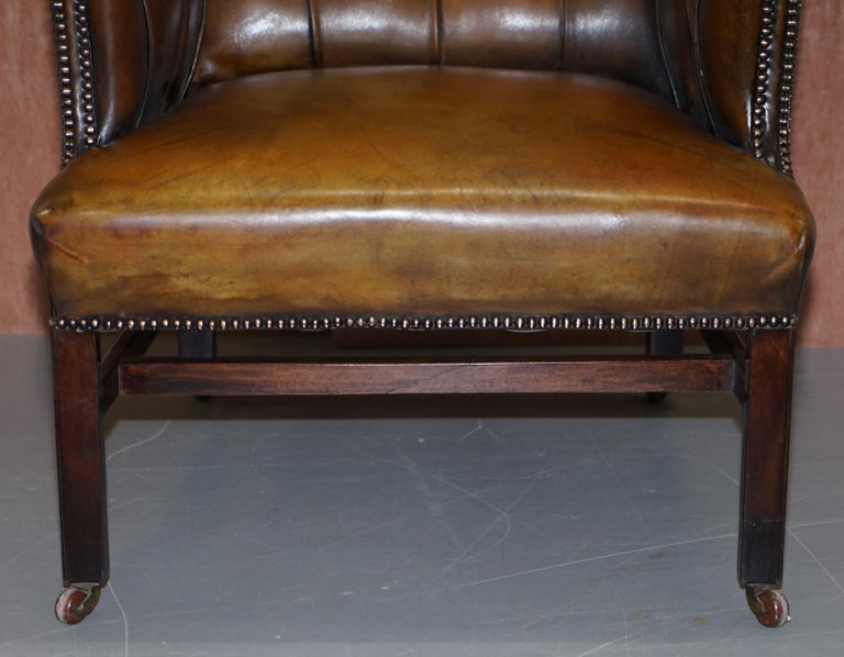 Restored Cigar Brown Leather Victorian Chesterfield Porters Wingback Armchair For Sale 5