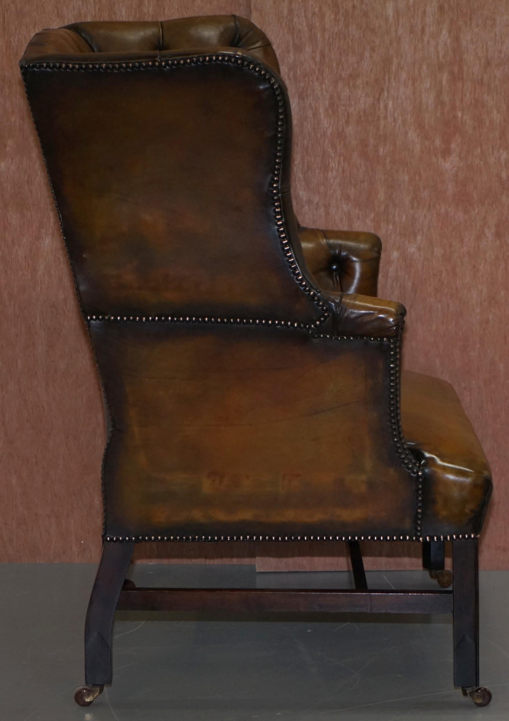 Restored Cigar Brown Leather Victorian Chesterfield Porters Wingback Armchair 6