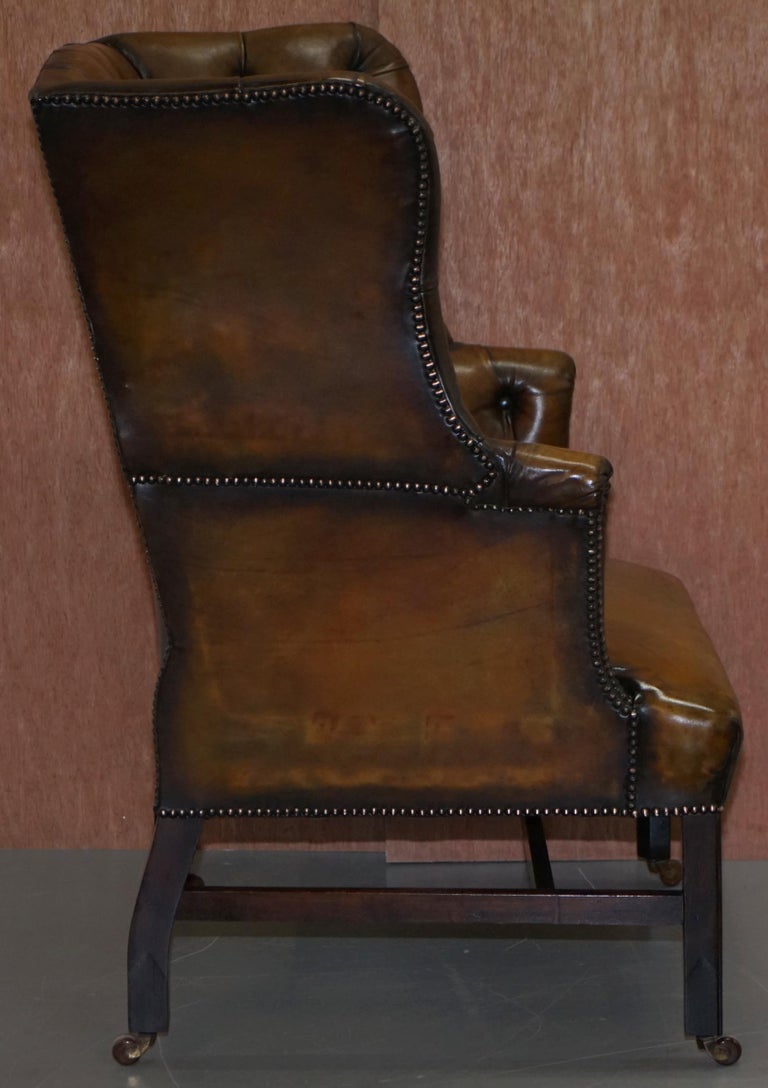 Restored Cigar Brown Leather Victorian Chesterfield Porters Wingback Armchair For Sale 7