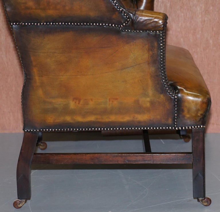 Restored Cigar Brown Leather Victorian Chesterfield Porters Wingback Armchair For Sale 8