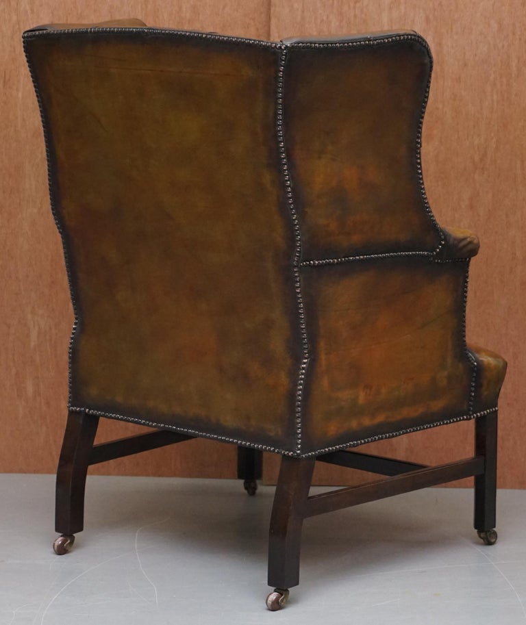 Restored Cigar Brown Leather Victorian Chesterfield Porters Wingback Armchair For Sale 10