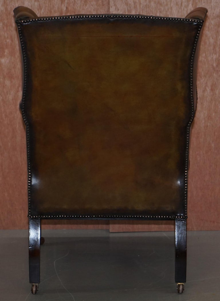 Restored Cigar Brown Leather Victorian Chesterfield Porters Wingback Armchair For Sale 11