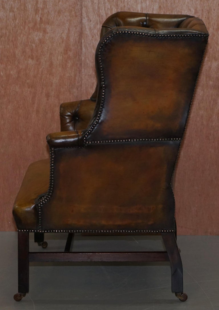 Restored Cigar Brown Leather Victorian Chesterfield Porters Wingback Armchair For Sale 13