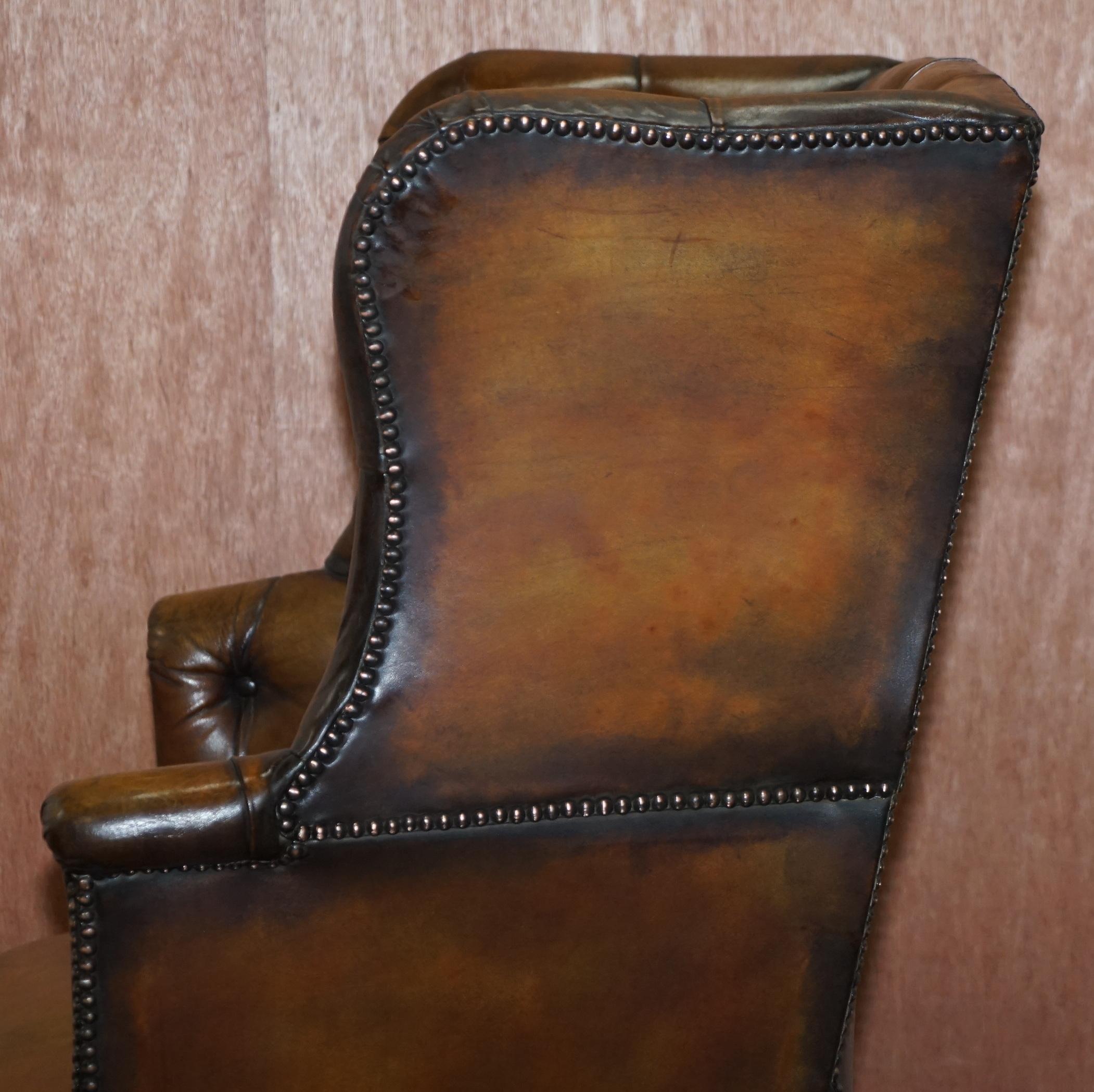 Restored Cigar Brown Leather Victorian Chesterfield Porters Wingback Armchair 13