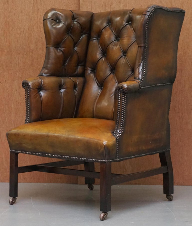 English Restored Cigar Brown Leather Victorian Chesterfield Porters Wingback Armchair For Sale
