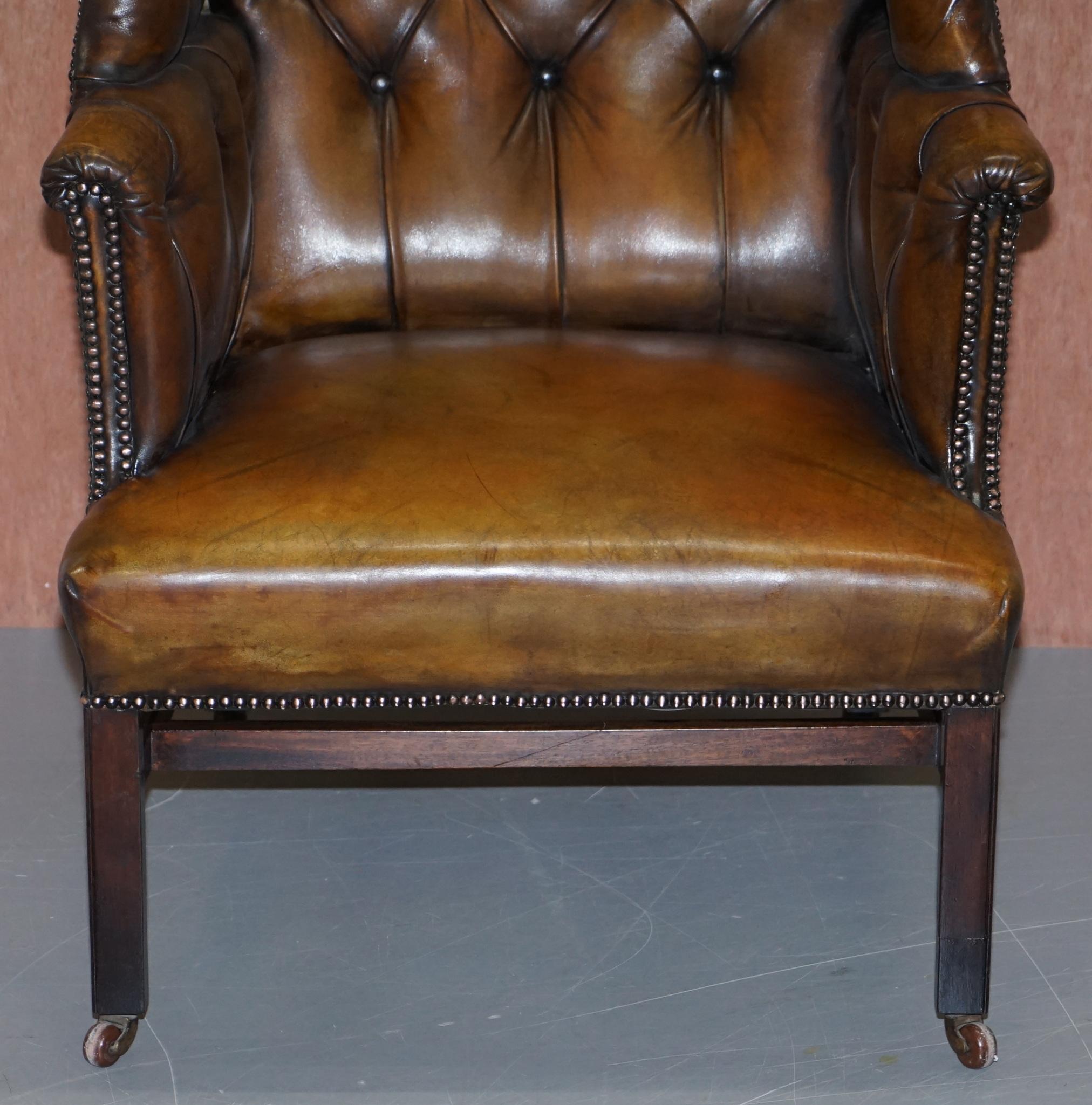 English Restored Cigar Brown Leather Victorian Chesterfield Porters Wingback Armchair