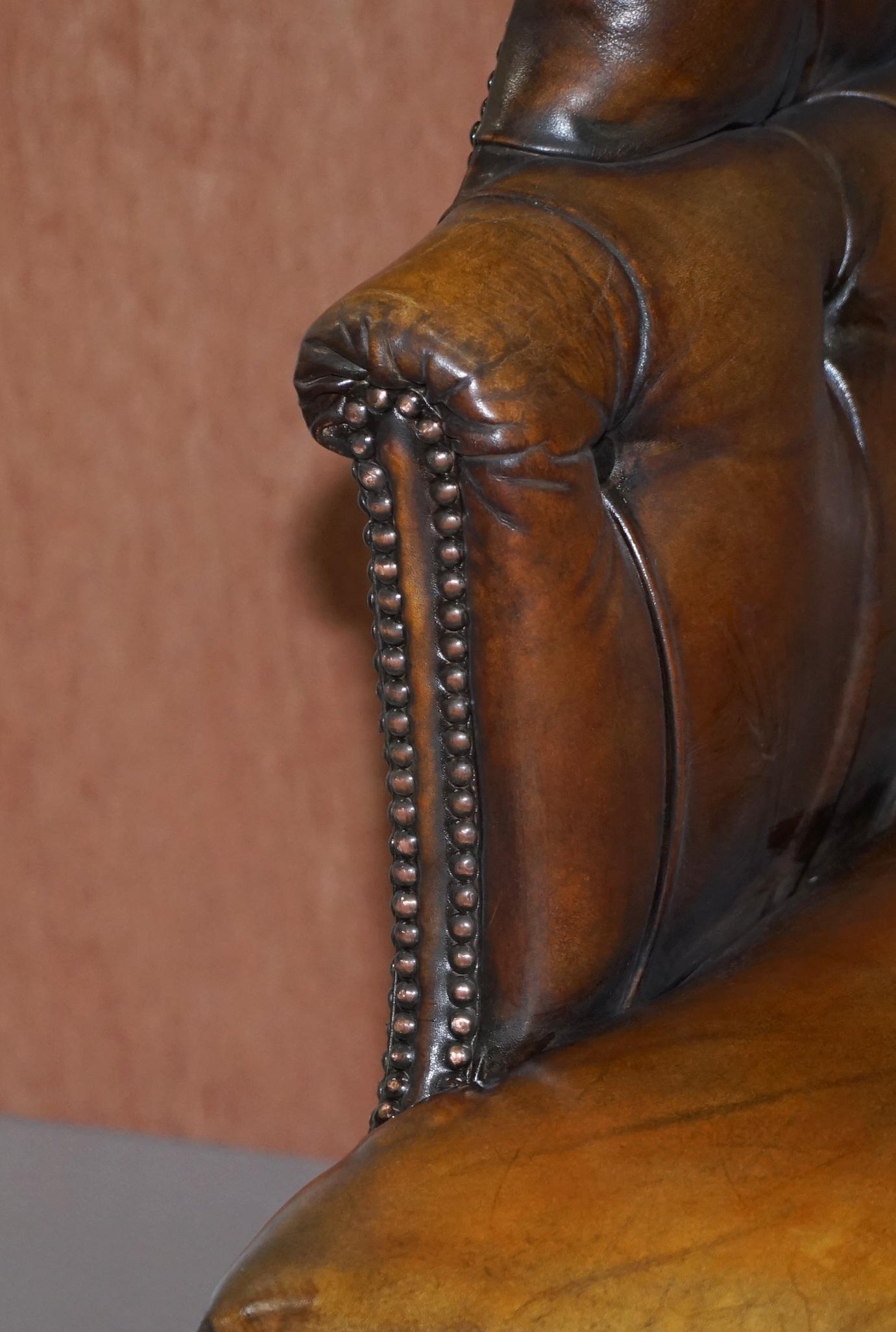 Hand-Crafted Restored Cigar Brown Leather Victorian Chesterfield Porters Wingback Armchair