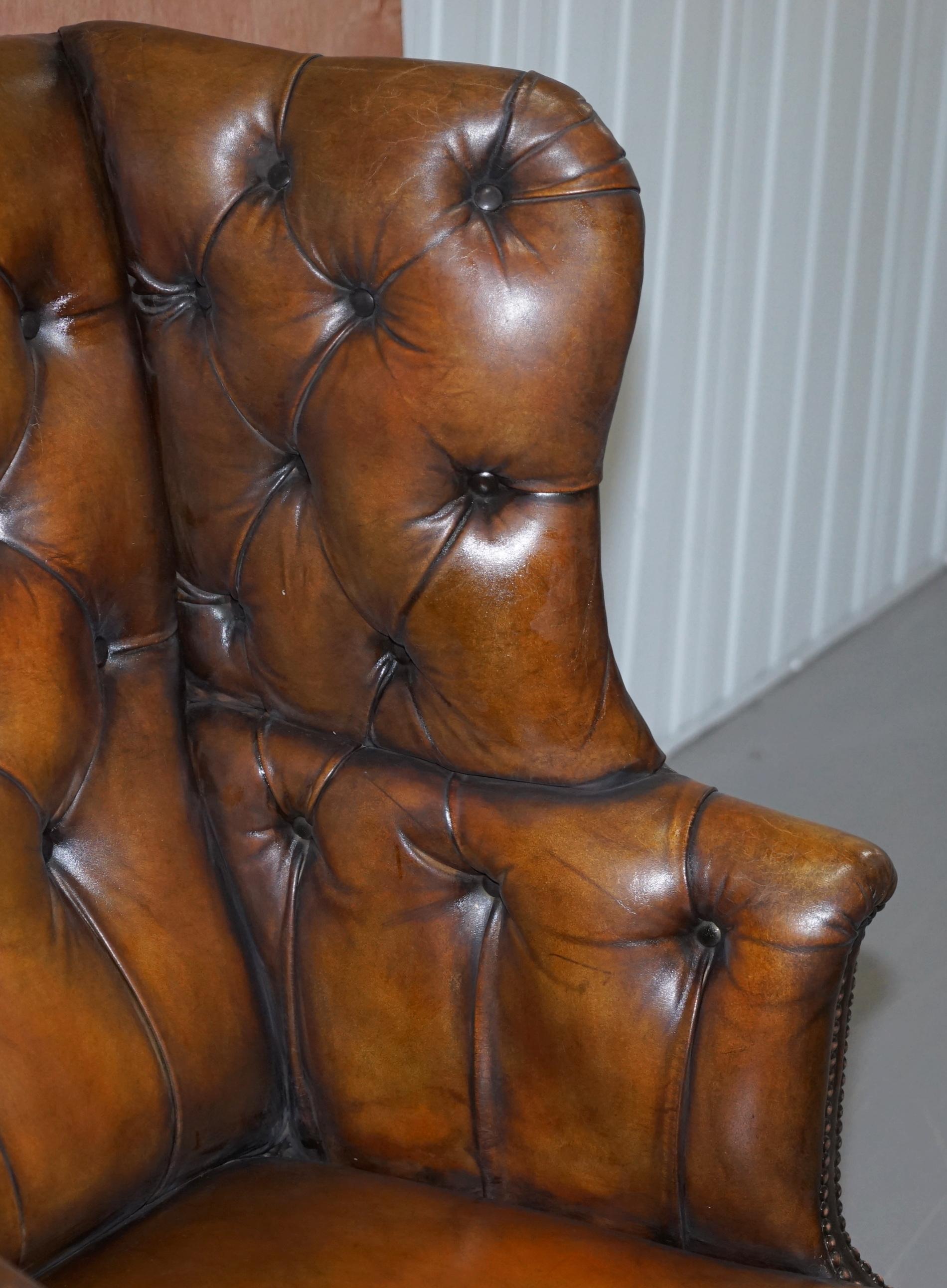 Mid-19th Century Restored Cigar Brown Leather Victorian Chesterfield Porters Wingback Armchair
