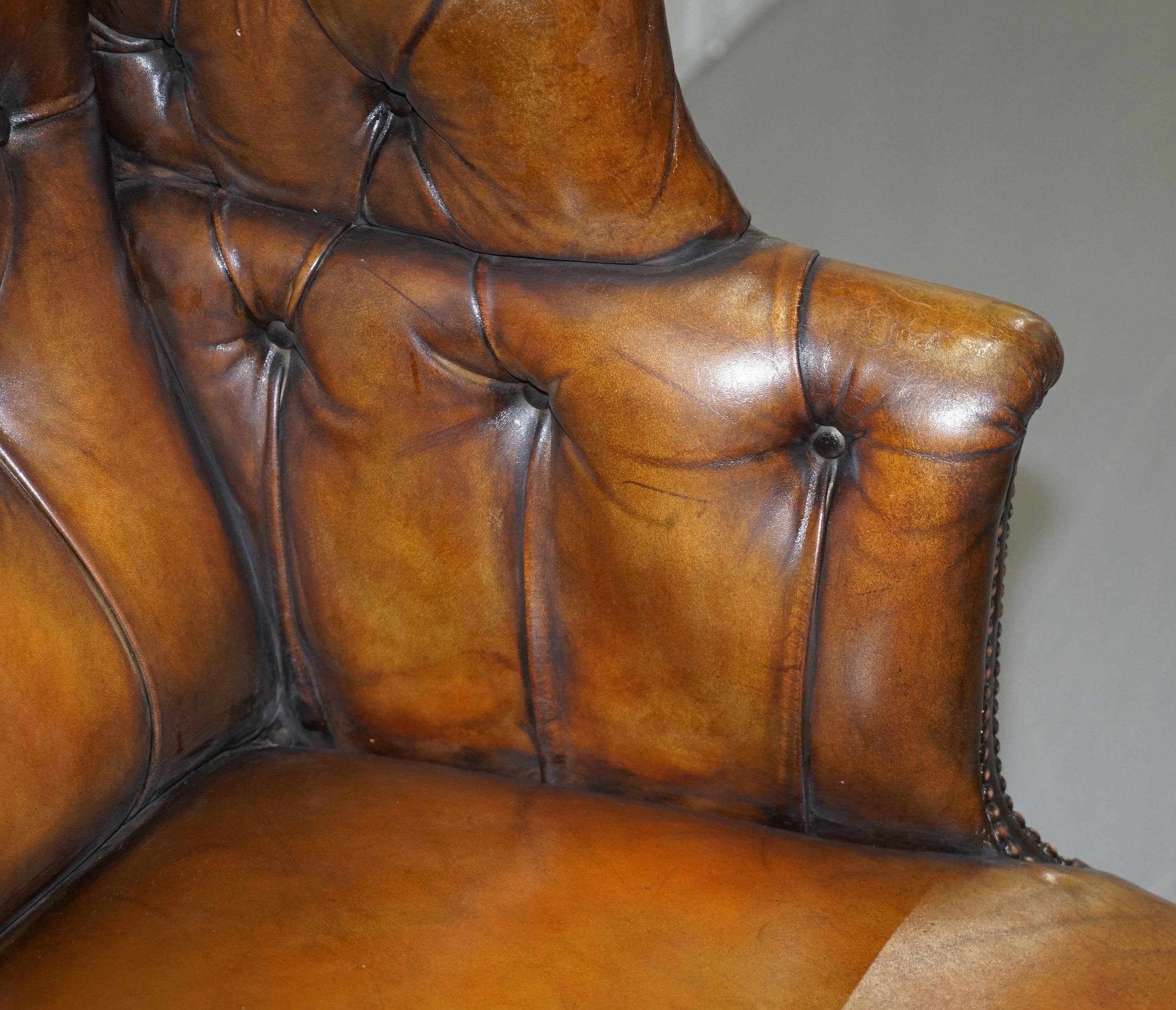 Restored Cigar Brown Leather Victorian Chesterfield Porters Wingback Armchair 1