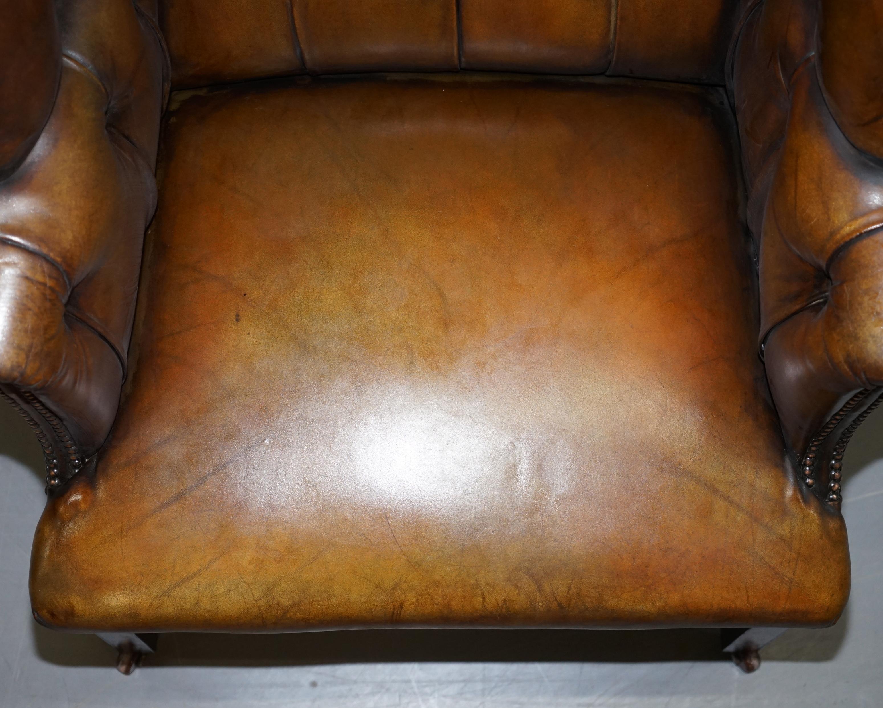 Restored Cigar Brown Leather Victorian Chesterfield Porters Wingback Armchair 3