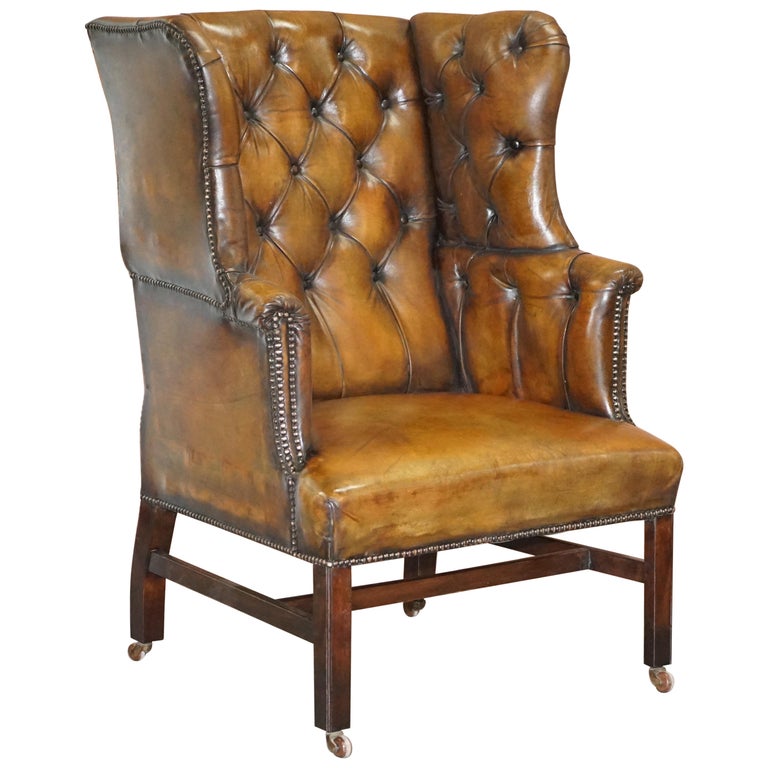 Restored Cigar Brown Leather Victorian Chesterfield Porters Wingback Armchair For Sale