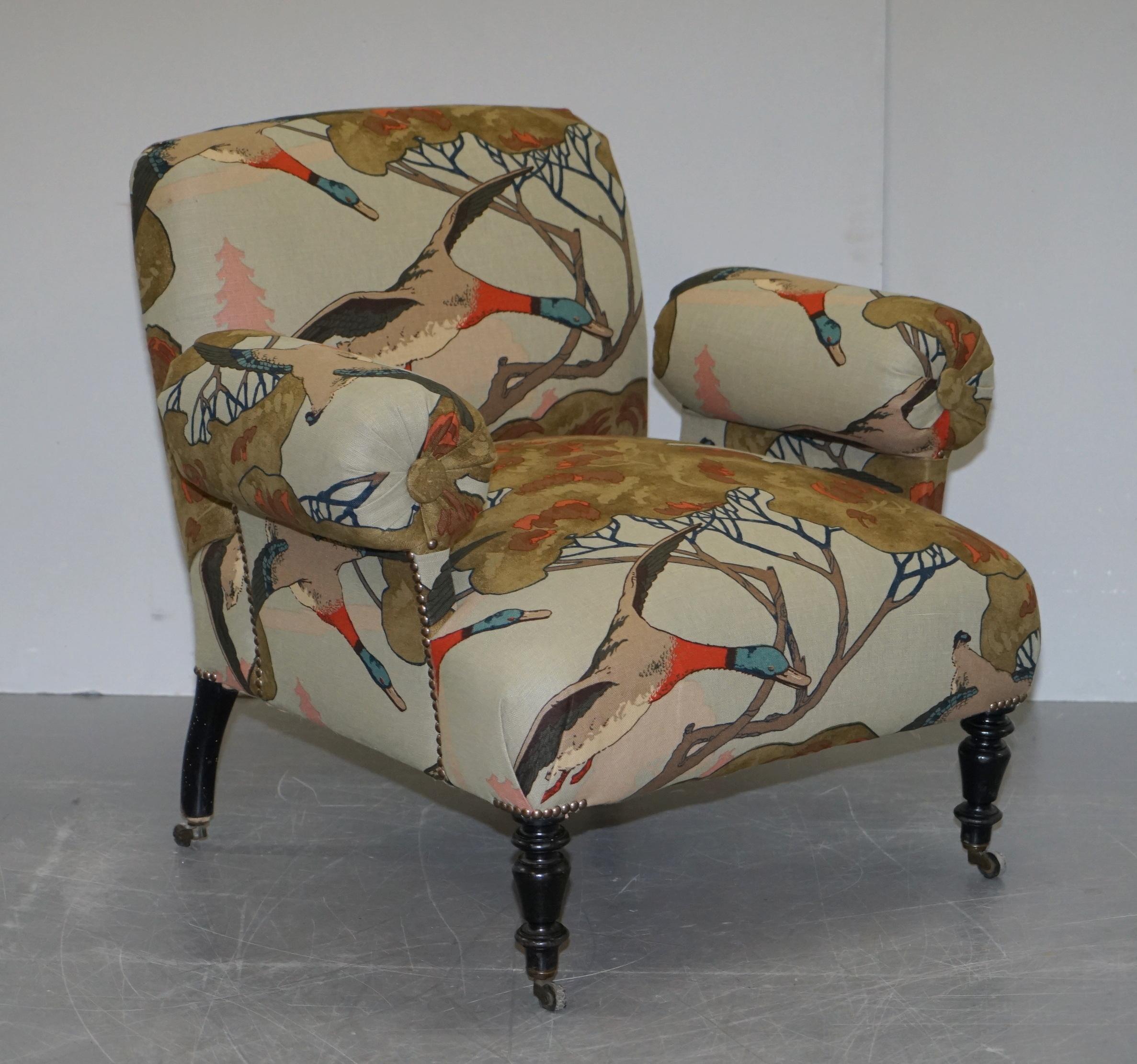 We are delighted to offer this absolutely exquisite fully restored circa 1810 Regency library armchair newly upholstered with Mulberry Flying ducks fabric

A very good looking well made and decorative antique armchair. It is approximately 210