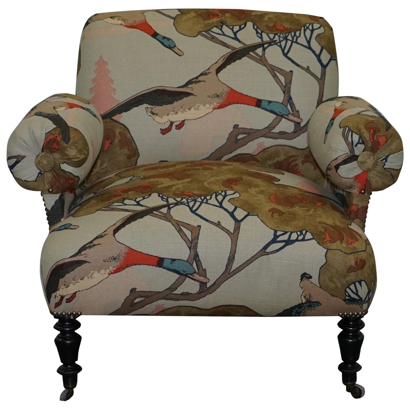 Restored circa 1810 Regency Bluster Arm Armchair Mulberry Flying Duck Fabric