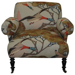 Antique Restored circa 1810 Regency Bluster Arm Armchair Mulberry Flying Duck Fabric